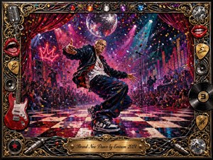A dynamic dancer commands a crowded nightclub floor beneath a glittering disco ball, surrounded by cheering silhouettes, microphones, speakers, and neon equalizer lights. Vivid reds, magentas, blues, and golds create a playful, chaotic energy. Painterly textures, confetti, dramatic spotlights, and an ornate music-themed frame intensify the theatrical atmosphere.