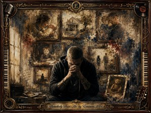 A solitary man sits bowed in grief amid a weathered collage of fading family memories, framed photographs, childhood scenes, and a worn home. Sepia browns, muted blues, and smoky shadows create a mournful atmosphere, while soft window light adds tenderness. Painterly textures, distressed surfaces, musical ornaments, and an engraved title plate complete the nostalgic composition.