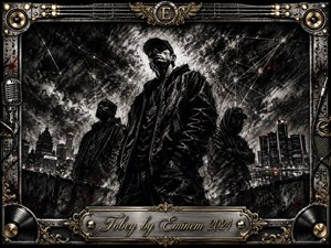 A commanding trio of shadowed rappers stands above a nocturnal Detroit-like skyline, rendered in deep, feathered charcoal. Smoky clouds, fractured web-like lines, and faint crimson sparks create a defiant, cinematic mood. Chrome, gold, speakers, vinyl records, and musical hardware form the ornate frame around the dramatic monochrome composition.