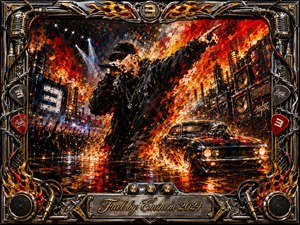 A fiery rapper dominates an explosive industrial concert scene, microphone raised amid roaring flames, towering speakers, and a speeding black muscle car. Intense orange, red, black, and chrome tones create a volatile, high-energy mood. Thick painterly textures, dramatic spotlights, reflective pavement, and an ornate metal-and-flame frame amplify the aggressive cinematic atmosphere.