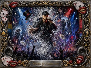 A dynamic rapper performs amid swirling smoke, flying cards, broken chains, and fractured reflections on a crowded concert stage. Electric blues, fiery reds, chrome silver, and gold glow beneath dramatic spotlights. Thick acrylic-style textures heighten the rebellious, magical energy, while an ornate music-and-illusion frame surrounds the cinematic composition.