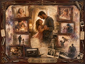 A tender father and daughter share a warm embrace at the heart of a nostalgic memory collage, surrounded by rosewood frames, childhood scenes, handwritten notes, photographs, a cassette, microphone, and piano keys. Amber, sepia, and rose tones glow softly through painterly oil and watercolor textures, creating a bittersweet atmosphere of love and remembrance.