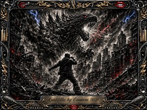 A hooded performer confronts a colossal roaring monster amid a shattered city, surrounded by smoke, rubble, sparks, and violent lightning. Deep charcoal textures and stark black-gray contrasts dominate, punctuated by crimson and electric blue. An ornate chrome-and-gold music-themed frame with red lips and microphones encloses the intense, apocalyptic composition.