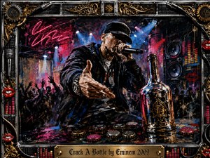A commanding rapper performs in a chaotic nightclub scene, gripping a microphone beside a gleaming liquor bottle and scattered caps. Electric red, blue, gold, and black tones pulse under harsh stage lights. Thick expressive paint textures, cheering silhouettes, speakers, neon accents, and an ornate chrome-and-gold frame create a rebellious, decadent atmosphere.