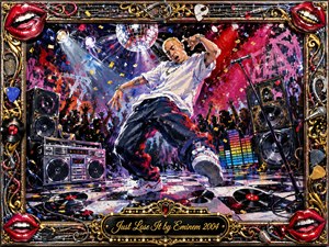 A wildly energetic rapper dances across a chaotic club stage beneath a glittering disco ball, surrounded by cheering silhouettes, booming speakers, confetti, and scattered records. Vivid reds, pinks, blues, chrome, and gold glow under dramatic spotlights. Expressive acrylic-style brushwork and an ornate music-themed frame amplify the playful, rebellious atmosphere.