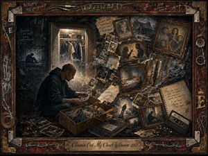 A brooding man sits beside an open closet, sorting photographs and keepsakes as fractured family memories swirl across the shadowed room. Warm amber light contrasts with charcoal blacks, rusted reds, and muted browns. The richly textured mixed-media style blends realism and collage, framed by ornate metalwork, music relics, handwritten notes, and a weathered engraved title plate.