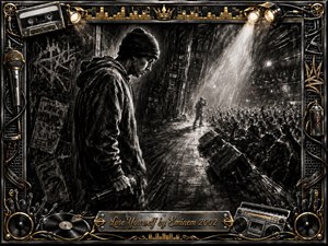 A lone rapper stands backstage gripping a microphone, facing a roaring crowd beneath harsh spotlights. Deep charcoal textures and stark black-and-white tones create a tense, determined mood, accented by subtle gold details. An ornate music-themed frame surrounds the scene with records, speakers, cassette tape, microphone, graffiti, and an engraved title plate.