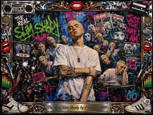A defiant bleach-blond rapper stands amid chaotic doubles, paparazzi, television screens, tabloids, and dripping graffiti, creating a rebellious media-frenzy atmosphere. Electric blues, neon greens, hot pinks, reds, chrome, and gold energize the dense painted collage. Ornate audio-themed framing, microphones, speakers, sneakers, red lips, and the engraved title plate complete the satirical composition.