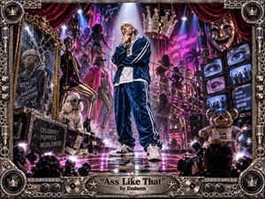 A swaggering rapper stands beneath a white spotlight in a neon-soaked celebrity theater, surrounded by dancers, mirrors, cameras, masks, screens, and surreal luxury props. Hot pink, violet, blue, chrome, and gold dominate the glossy mixed-media scene, while paparazzi flashes, reflective flooring, theatrical curtains, and an ornate metallic frame heighten its satirical, chaotic mood.
