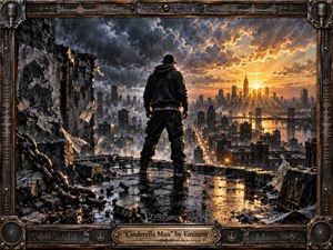 A solitary figure stands on a rain-soaked rooftop overlooking a battered city as storm clouds split into a blazing golden sunrise. Dark steel, wet concrete, broken chains, and torn walls create a gritty, defiant mood, while dramatic reflections, deep shadows, and an industrial metal frame suggest resilience, struggle, and hard-won renewal.