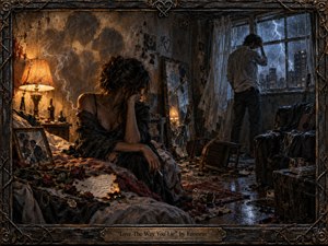 A fractured apartment glows between warm amber lamplight and cold storm-blue windows, separating two emotionally exhausted figures. Cracked mirrors, wilted roses, smoke, broken furniture, scattered glass, and rain-soaked city lights deepen the tension. Rich oil-and-charcoal textures, distressed surfaces, and an ornate dark frame create a haunting, cinematic atmosphere.