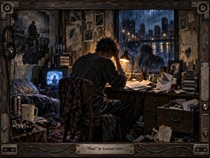A solitary young man sits hunched at a cluttered desk in a shabby bedroom, lit by a warm lamp against a cold rainy city window. The composition centers his tense silhouette within a handcrafted wood-and-metal frame, using deep blues, rusted browns, and textured mixed-media detail to evoke obsession, loneliness, and quiet dread.