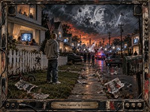 A lone young man stands in a troubled suburban street as media crews, police lights, helicopters, and glowing television screens overwhelm the neighborhood. Storm-dark skies burn orange at the horizon, creating an anxious, confrontational mood. Gritty mixed-media realism, weathered textures, scattered newspapers, and an industrial frame intensify the sense of scrutiny and unrest.