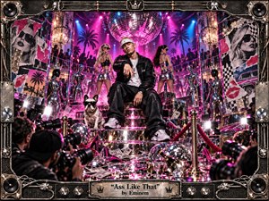A swaggering rapper sits at the center of a lavish neon nightclub, surrounded by mirrored surfaces, paparazzi, mannequins, dancers, and scattered symbols of celebrity excess. Hot pink, blue, and gold lighting creates a flashy, satirical mood, while disco balls, velvet ropes, cameras, and metallic textures amplify the chaotic spectacle of fame.