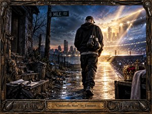 A lone hooded fighter walks from a rain-soaked, decaying urban street toward a brilliantly lit arena, symbolizing struggle and hard-won triumph. Deep blues, rusted metal, and golden stadium light create dramatic contrast. Boxing gloves, a crown, battered buildings, and reflective pavement enrich the cinematic, hyper-realistic composition.