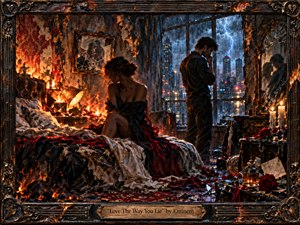 A fractured couple occupies a storm-darkened bedroom, divided by silence, fire, and emotional wreckage. Warm orange flames clash with icy blue city light and lightning beyond rain-streaked windows. Torn fabric, broken glass, roses, candles, and scorched walls intensify the turmoil, rendered in richly textured, dramatic romantic realism.