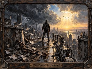 A lone figure stands on a shattered rooftop overlooking a vast city, facing a radiant sunrise breaking through violent storm clouds. Broken chains, scattered papers, rain-slick concrete, and ruined architecture suggest struggle and release. Dark charcoal tones contrast with warm gold light, rendered in richly textured, dramatic oil-painting style.