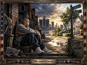 A brooding young man in a gray hoodie sits beside a decaying Detroit street, facing a bright suburban neighborhood across a dramatic cityscape. Warm sunset light cuts through storm clouds, contrasting rusted brick, cracked pavement, polished homes, flags, and greenery. The realistic oil-paint style emphasizes division, tension, inequality, and uneasy reflection.