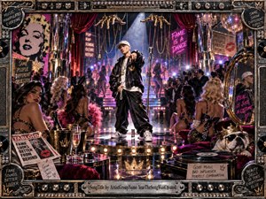 A provocative neon cabaret surrounds a swaggering rapper on a mirrored stage, framed by dancers, paparazzi, puppet strings, tabloid imagery, and theatrical excess. Hot pink, gold, black, and violet lighting create a glossy, satirical mood. Ornate metallic framing, reflective surfaces, and exaggerated celebrity symbols evoke fame, spectacle, manipulation, and pop-culture obsession.