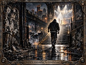 A hooded figure strides through a rain-soaked industrial alley toward a brilliantly lit boxing arena, symbolizing determination and hard-won ascent. Dark steel, broken masonry, chains, and reflective pavement frame the scene, while amber city lights and white spotlights pierce the storm. The gritty digital painting feels tense, defiant, and triumphant.