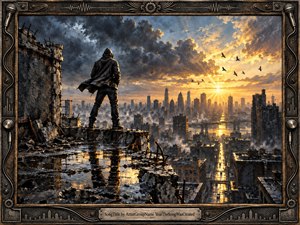 A lone hooded figure stands on a shattered rooftop overlooking a scarred city at sunrise, projecting resolve amid ruin. Storm clouds retreat before intense golden light, reflected in rain-soaked concrete and distant streets. Dark industrial textures, circling birds, and an ornate metal frame create a dramatic, handcrafted atmosphere of struggle, defiance, and renewal.