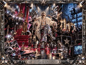 A flamboyant celebrity figure lounges beneath harsh studio spotlights amid a chaotic world of red carpets, mirrored globes, cameras, makeup stations, and looming media screens. Metallic silver, crimson, black, and gold dominate the scene, creating a satirical, theatrical mood. Hyper-detailed digital realism emphasizes glamour, excess, spectacle, and manufactured fame.
