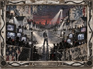 A solitary hooded figure stands beneath harsh spotlights on a cracked suburban street, surrounded by cameras, television screens, fences, and looming American imagery. Stormy red-black skies and helicopter beams intensify the confrontational mood. The mixed-media style blends distressed paint, metal, collage, and documentary realism within a weathered industrial frame.