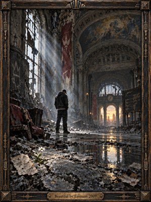 A solitary man stands amid the ruins of a grand abandoned station, surrounded by shattered stone, broken windows, reflective puddles, and drifting dust. Cool gray and blue tones dominate, pierced by pale sunlight and a warm distant sunrise. Painterly realism, dramatic architecture, a white flower, and weathered framing evoke isolation, resilience, and fragile hope.