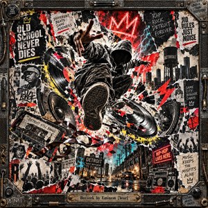 A hooded figure lunges through a chaotic Detroit-inspired collage of spinning vinyl, cassette tape, speakers, torn posters, graffiti, and jagged red accents. Black, white, cream, yellow, and cyan textures collide under harsh graphic lighting, creating a rebellious, explosive old-school hip-hop atmosphere framed by distressed industrial metal.
