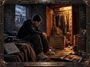 A solitary young man sits hunched in a dark, cluttered bedroom beside a warmly glowing open closet, surrounded by boxes, photographs, records, and handwritten memories. Cold blue city light contrasts with amber interior light, creating a tense, reflective mood. The cinematic digital painting uses gritty realism, deep shadows, and symbolic details.