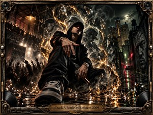 A hooded rapper dominates a rain-darkened city scene, surrounded by glowing shattered glass, smoky ghostlike figures, and an energized concert crowd. Warm amber sparks clash with cold green-black streets and distant towers. Dramatic cinematic lighting, reflective pavement, and an industrial metal frame create a tense, rebellious, nocturnal atmosphere.