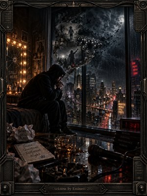A hooded figure sits in a dark high-rise room overlooking a rain-soaked city, surrounded by shattered reflections, photographs, handwritten notes, and stage imagery spiraling through smoky memories. Cold blue-gray tones contrast with amber bulbs and red lights, creating a tense, isolated atmosphere rendered in cinematic, photorealistic detail.