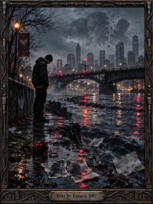 A solitary hooded figure stands beside a rain-darkened river beneath a brooding city skyline and arched bridge. Red reflections ripple across turbulent water while torn photographs, letters, and a wilted rose suggest fractured love and regret. Ghostly faces dissolve into storm clouds, creating a cinematic, melancholic photographic composition framed in weathered metal.