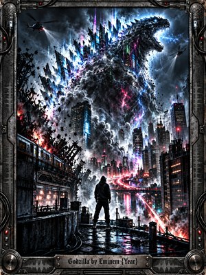 A lone hooded figure faces a colossal smoke-and-neon monster rising above a stormy futuristic city. Skyscrapers, helicopters, lightning, debris, and glowing traffic trails create frantic motion and danger. Cold blues, black steel, magenta, and red highlights intensify the cinematic digital painting, framed by industrial audio-inspired metalwork.