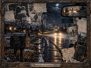 A rain-soaked Detroit street glows beneath approaching headlights, framed by worn wood and metal. Torn photographs, handwritten notes, a mailbox, and winter trees surround the roadway like fragments of memory. Cool blue-gray shadows contrast with warm amber lights, creating a reflective, remorseful mood of distance, reconciliation, and enduring family ties.