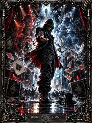 A hooded performer strides through a shattered urban stage, reaching forward as broken chains, playing cards, smoke, and mirrored reflections explode around him. Red and icy blue lighting heighten the tense, theatrical mood, while a wet reflective floor, cheering crowd, and ornate metal frame create a cinematic digital fantasy.