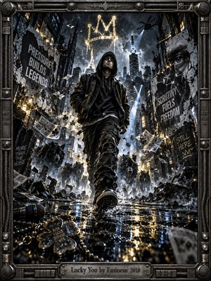 A hooded rapper strides through a rain-slicked ruined city as shattered walls, flying papers, snarling shadowy wolves, and a glowing crown amplify the tense, defiant mood. Cold blacks, steel grays, and sharp gold highlights dominate the cinematic digital artwork, while wet reflections and dramatic spotlights create forceful depth and momentum.