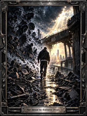 A lone figure strides through a shattered urban landscape toward a glowing skyline beneath dramatic storm clouds. Broken chains, rubble, ghostly faces, and a fallen microphone suggest struggle, release, and determination. Dark steel, charcoal, and gold tones create a cinematic, defiant mood framed by rugged industrial metalwork.