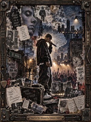 A solitary rapper stands beneath harsh stage light against a layered Detroit cityscape of torn photographs, handwritten fragments, wet alleys, crowds, and weathered walls. Moody blacks, grays, rust, and amber highlights create a tense, reflective atmosphere, while gritty collage textures and industrial framing suggest pressure, memory, resilience, and artistic defiance.