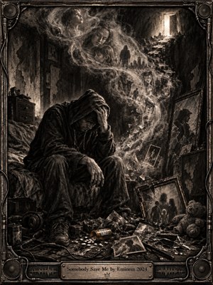 A weary hooded man sits amid a decaying room scattered with broken glass, photographs, pills, and abandoned objects. Ghostlike family memories spiral upward in an S-shaped stream toward a glowing doorway. Sepia tones, deep shadows, cracked textures, and dramatic light create a haunting charcoal-like vision of regret, isolation, and fading hope.