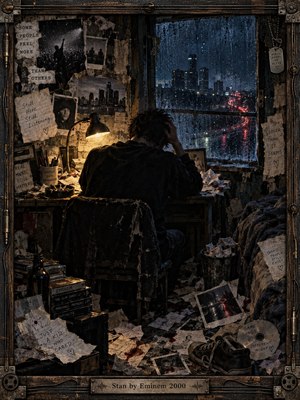 A solitary figure sits hunched at a cluttered desk in a rain-soaked room, surrounded by torn letters, photographs, tapes, and scattered memories. Warm lamplight contrasts with cold blue city reflections and red taillights outside. Distressed mixed-media textures, dark wood framing, and handwritten fragments create an obsessive, isolated, emotionally charged atmosphere.