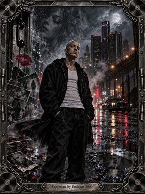 A solitary figure stands on a rain-soaked city street beneath a stormy moonlit skyline, surrounded by fractured photographs, broken reflections, smoke, and a hanging telephone. Cold blue-gray tones, crimson accents, wet pavement, and harsh urban lighting create a tense, isolated mood within a dark industrial music-themed frame.