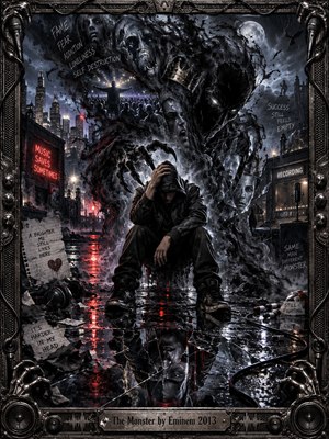 A hooded figure sits hunched on rain-slick pavement as a vast smoky monster rises behind him, merging fractured faces, stage lights, shattered mirrors, and urban ruins. Cold blue-gray tones, red reflections, and sharp cinematic lighting create a tense, haunted mood, framed by ornate industrial metalwork and audio-inspired details.