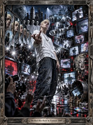 A bleached-blond rapper stands defiantly amid shattered mirrors, CRT televisions, paparazzi flashes, crowds, and urban media chaos. Cold blue and gray tones clash with sharp red highlights, while wet reflections, cables, static, and glitch effects create a tense, satirical digital collage exploring fame, identity, imitation, and public spectacle.