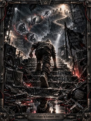 A hooded figure climbs shattered concrete steps through a ruined industrial cityscape, surrounded by speakers, cables, smoke, rubble, and ghostly echoes of struggle. Cold charcoal and steel tones meet restrained red accents beneath harsh cinematic light. The detailed digital artwork feels gritty, relentless, symbolic, and fiercely determined.