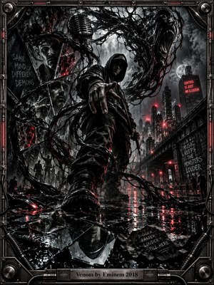 A hooded figure strides through a rain-soaked city as glossy black tendrils coil around him, shattered reflections, a suspended microphone, and monstrous shadow forms. Deep blacks, steel gray, crimson highlights, wet reflections, and stark cinematic lighting create a threatening digital artwork framed by intricate industrial metalwork.