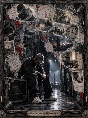 A solitary rapper sits backstage beneath harsh spotlights, surrounded by road cases, cables, and fragmented memories of home, family, crowds, and passing time. Gritty black, gray, and muted red tones create a weary, reflective mood, while layered collage textures and photographic realism emphasize isolation, regret, pressure, and emotional conflict.