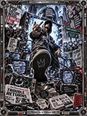 A defiant hooded performer surges through shattered televisions, paparazzi flashes, tabloid debris, and a towering urban media maze. Cold blue static, chrome, black, white, and sharp red accents create a rebellious, high-energy mood. Dramatic low-angle lighting, tangled cables, broken screens, and metallic framing give the digital collage a chaotic early-2000s edge.