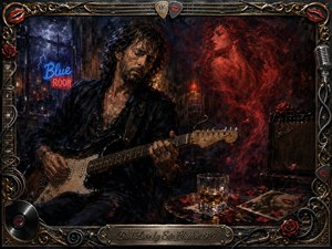 A brooding guitarist plays beneath storm-lit windows in a smoky midnight club, haunted by a crimson woman formed from swirling memories and rose petals. Deep blues, blacks, burgundy, and amber highlights create seductive tension. Rich oil-painted textures, neon reflections, whiskey, broken strings, and an ornate music-themed frame intensify the wounded romantic atmosphere.