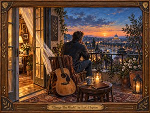 A contemplative man sits on a flowered balcony at twilight, an acoustic guitar beside him as he gazes over a glowing river city crowned by a distant dome. Warm lamplight spills from the cozy room behind, balancing cool evening blues and amber sunset hues in a richly textured, romantic oil-painted scene.